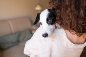 pet-owner-holding-dog-with-dog-resting-head-on-owner's-shoulder