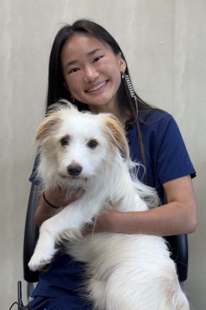 Tian Tian holding a white dog
