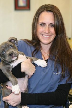 Technician Nicole holding a dog in the office